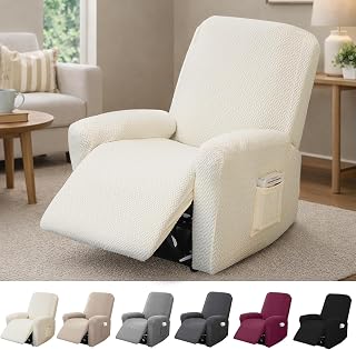 1-Sitzer Sessel Überzug, Sesselbezuge Stretch mit Taschen, All-Inclusive Streifen-Jacquard Sesselschoner für Fernsehsessel Relaxsessel Sesselhusse (Beige, 4-Teilig)