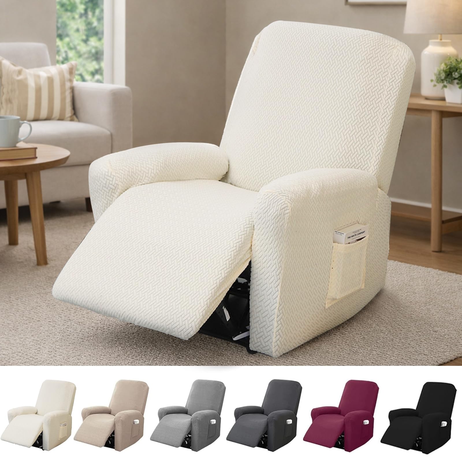 Hengrongshen 1-Seater Recliner Chair Cover, Stretch Chair Covers for Armchairs with Pockets, All-Inclusive Non-Slip Armchair Covers, Sofa Slipcovers Protector (Beige)