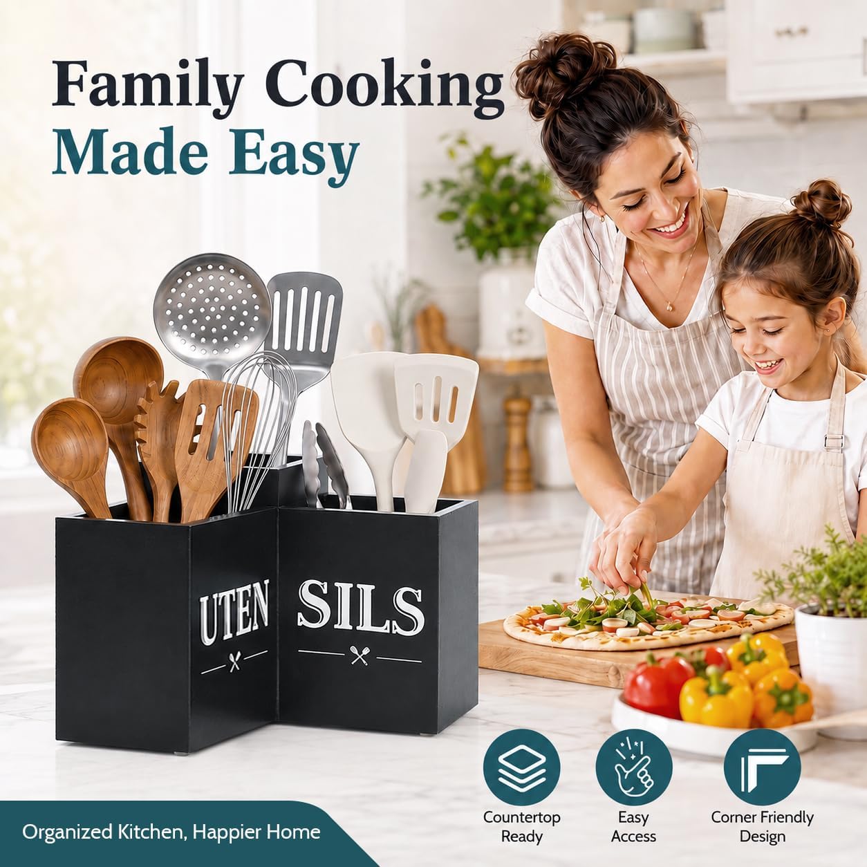 Kitchen Utensil Holder for Countertop, Corner Utensil Caddy with 3 Compartments, Wooden Storage Container Cooking Utensil Crock for Cookware, Spatulas, Spoon, Black Farmhouse Kitchen Decor
