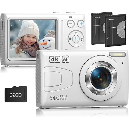 Digital Camera for Photography, 4K Vlogging Camera for YouTube 2.4" 18X Digital Zoom Compact Retro Camera with 32GB TF Card & 2 Batteries, White