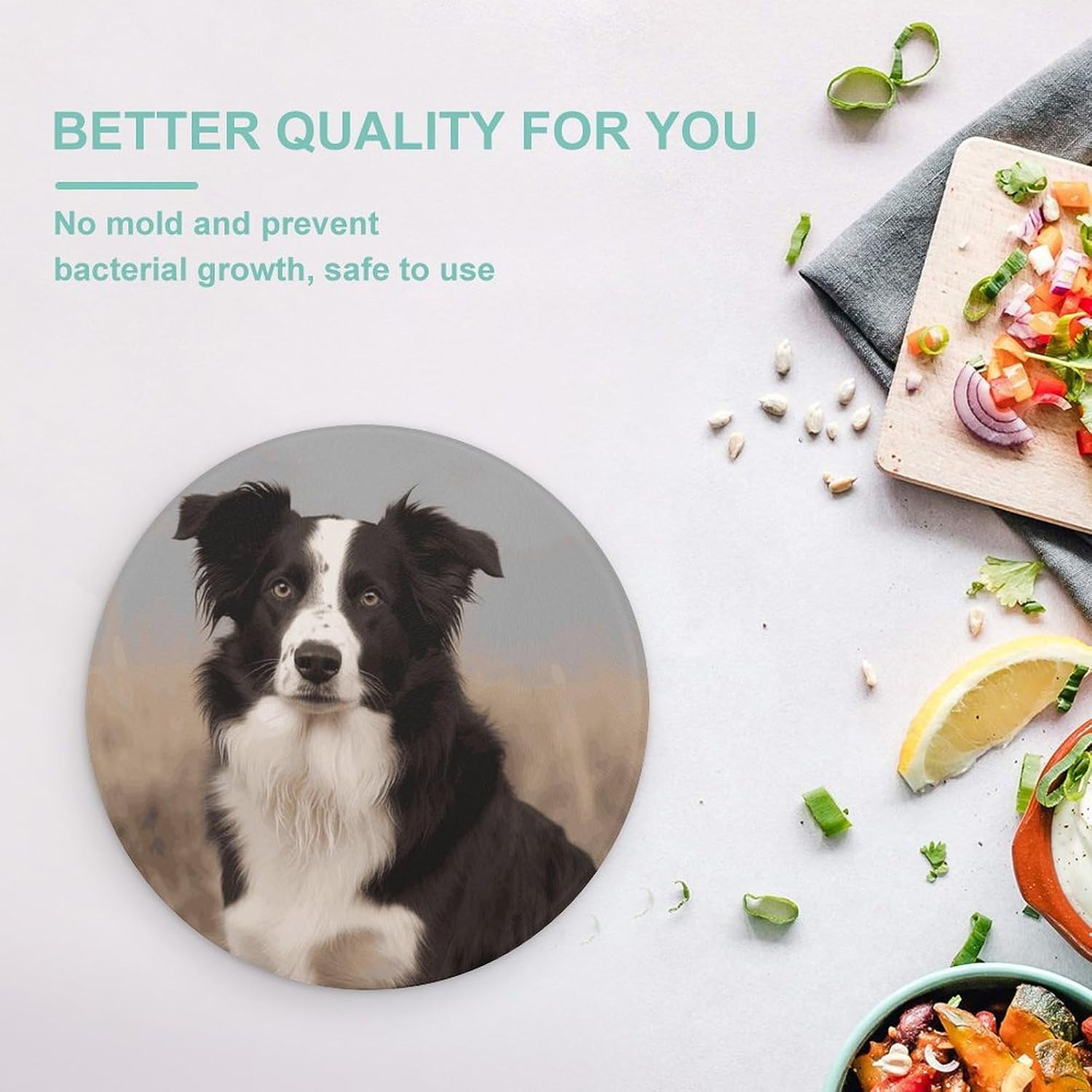 Border Collie Chopping Block Tempered Glass Cutting Board Mats Round Countertop Cutting Boards Small Charcuterie Boards Bar Cheese Board Snack Tray
