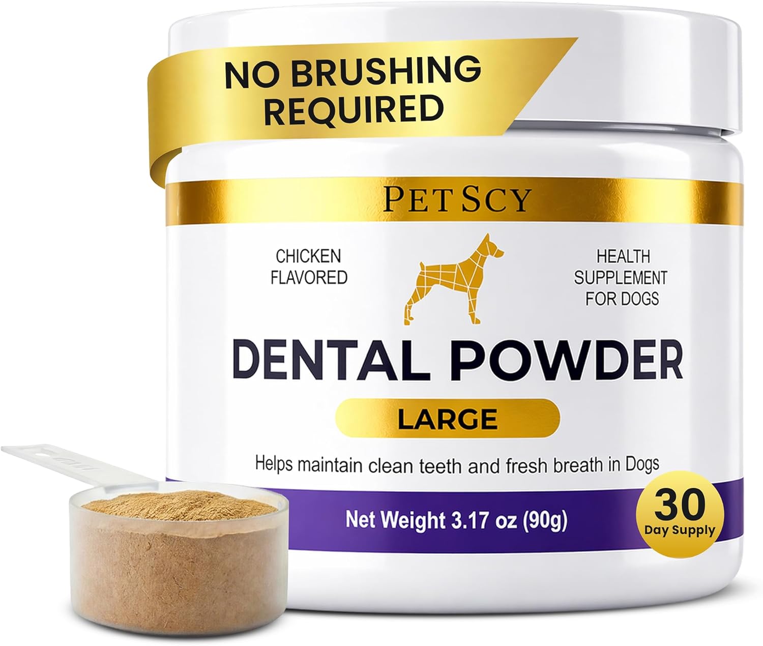 Petscy Dental Powder for Dogs - Teeth Cleaning and Breath Freshener Dental Care for Dogs Oral Care - Plaque & Tartar Support - Chicken Flavored, 3.17 oz (Large)