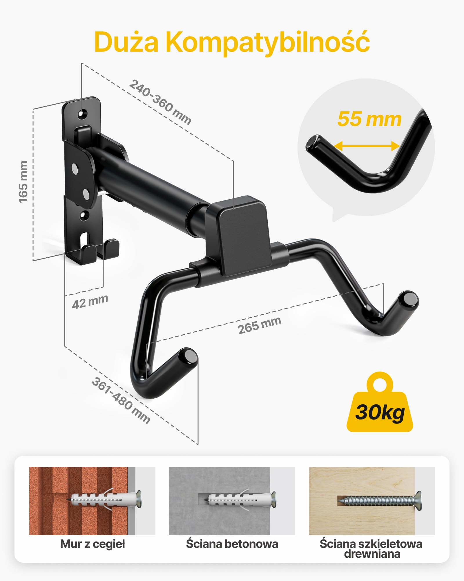 monTEK Uchwyt ścienny do roweru, regulowany kąt i odległość od ściany, uchwyt rowerowy, składany, nośność 30 kg, wysuwany schowek na rower z hakiem do garażu, 1 sztuka