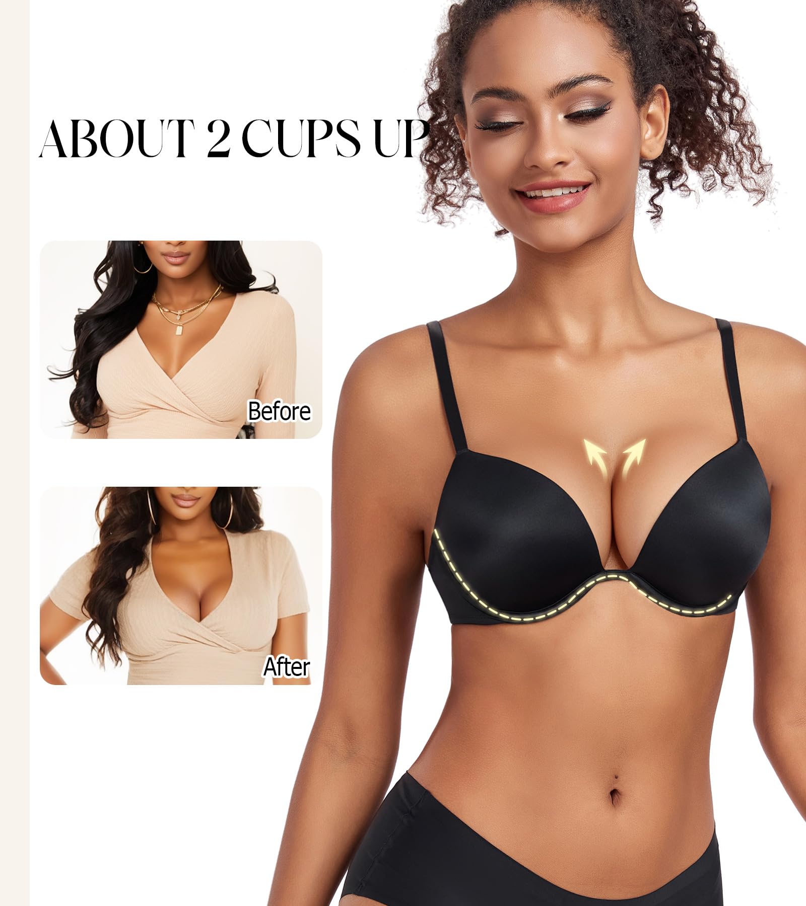 Lemorosy Sujetador push up con relleno y escote en V profundo para mujer, con aros, 2 copas