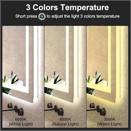 Miniatura 4 de Espejo LED de 24 x 32 pulgadas para baño con tiras LED dobles, espejos iluminados delanteros y retroiluminados para pared de baño, 3 colores y