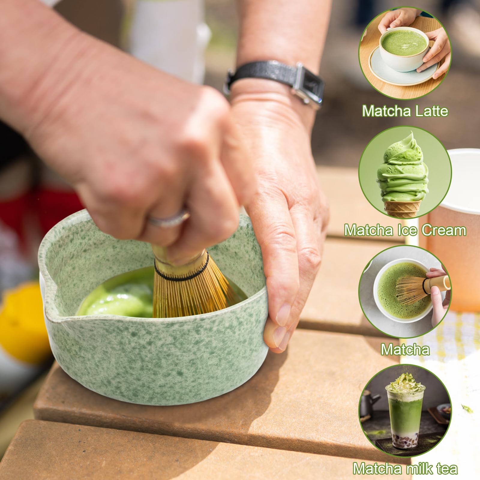 5 in 1 Set Accessori per Matcha Cerimonia Tè Giapponese con Ciotola Matcha, Frusta Matcha in Bambù Naturale, Paletta Bambù, Porta Frullino per Tè Cerimonia (Verde Intenso)