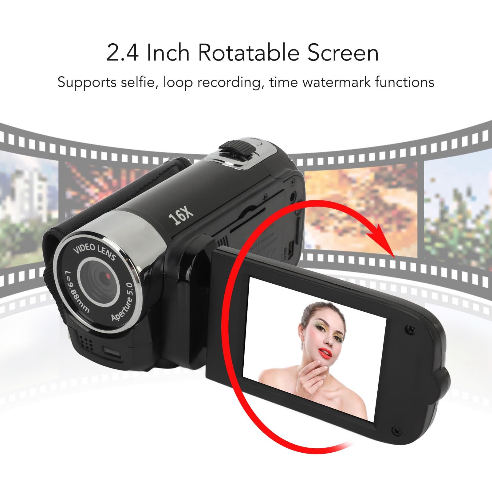Tbest Videokamera-Camcorder, Digitale Videokamera, Kamera mit Drehbarem Bildschirm, Flip-Screen-Camcorder, 1080P, 16 MP, 16-facher Zoom, Fülllicht [PLATZHALTER] mit HD-Ausgang für (Black)
