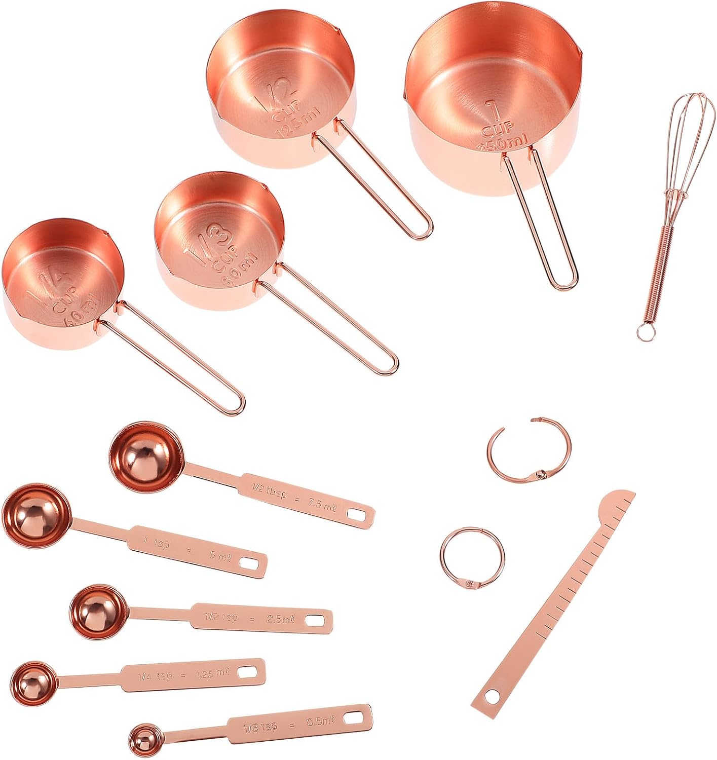 Baking Measuring Cups and Spoons with Rotary Whisk Rose Gold Kitchen Scale Tools for Flour Liquid and Seasoning Measurement Convenient Hanging Ring for Home Restaurant and Cake