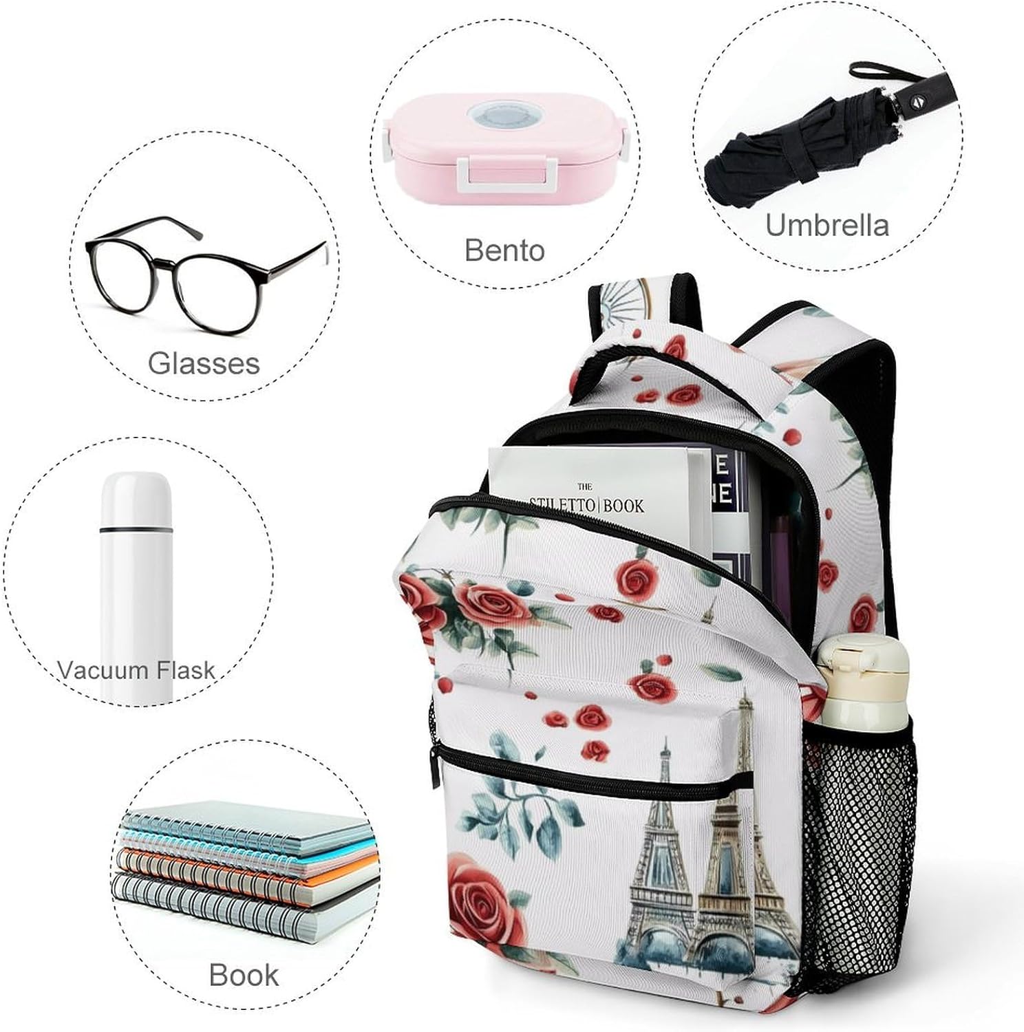 Eiffel Tower Paris Flowers Bicycle Laptop Backpack Lightweight Travel Daypack Shoulder Bag for Men Women