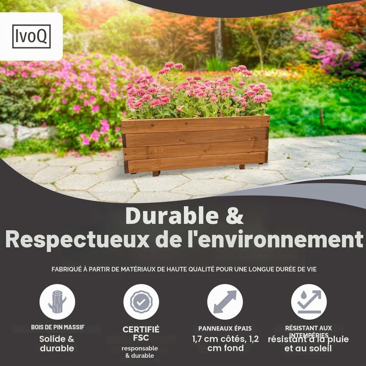 Jardinière en bois 80 x 40 x 32 cm – Bois d'épinette massif FSC – Résistante aux intempéries avec drainage et sac non tissé