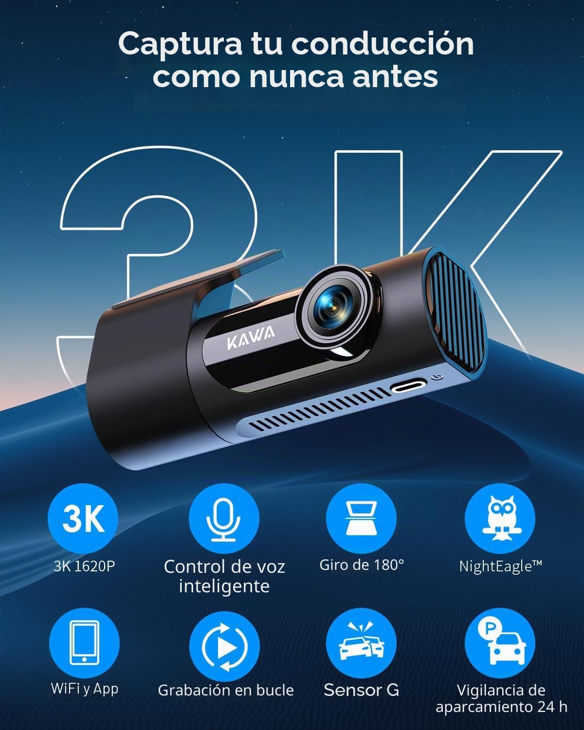 KAWA Dash CAM Coche 3K Frontal, con Tarjeta SD 32GB, Control por Voz, WiFi y App, Estacionamiento 24/7, Sensor G, Visión Nocturna, Grabación en Bucle, Dashcam Camara 360 para Camión y SUV