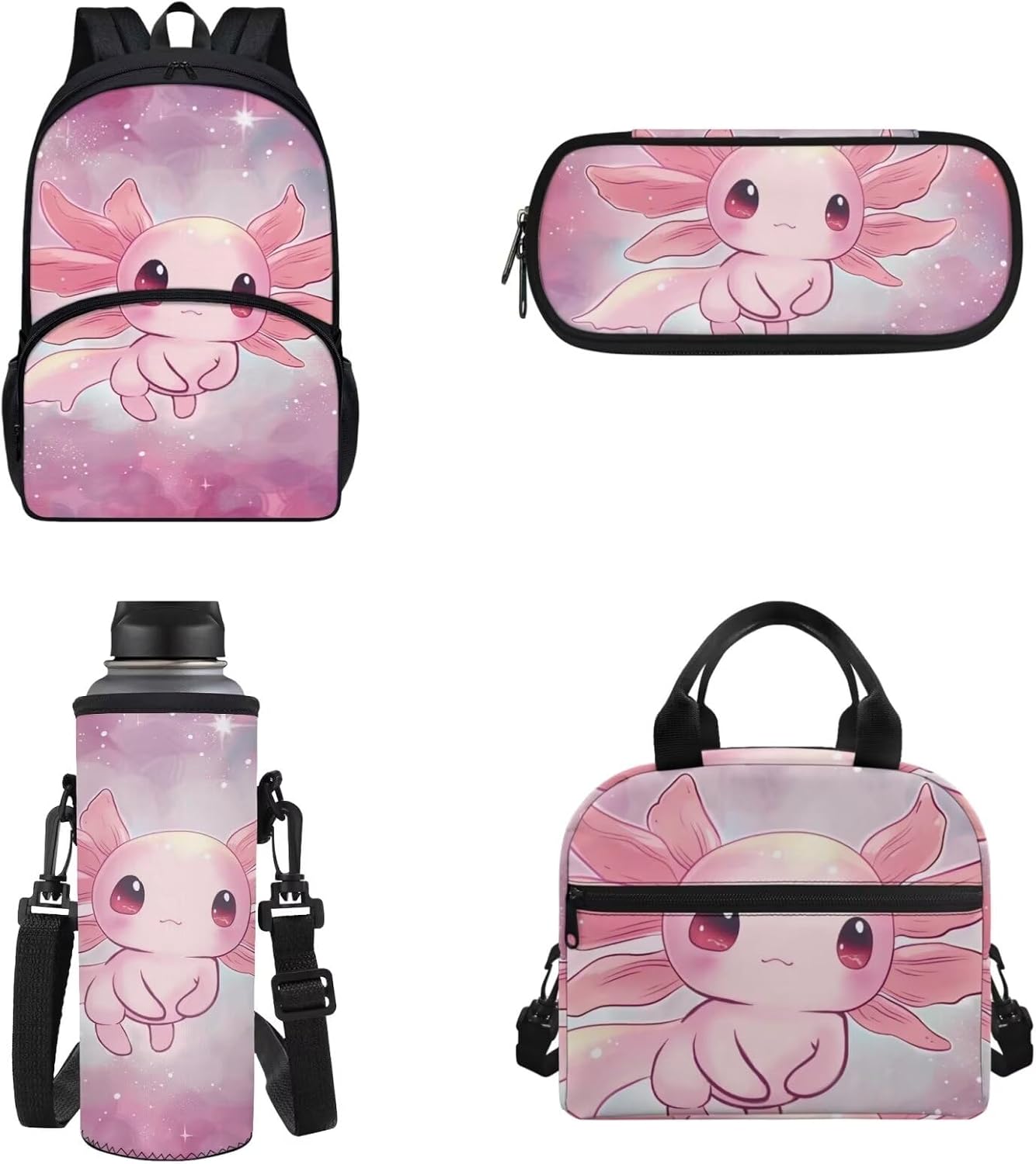 Cartoon Pink Axolotls Bag Girls Axolotls Schoolbag Set of 4 Pcs,17Inch Bookbag and Insulated Lunch Bag Pencil Case for Children Kids,Kindergarten School Bag