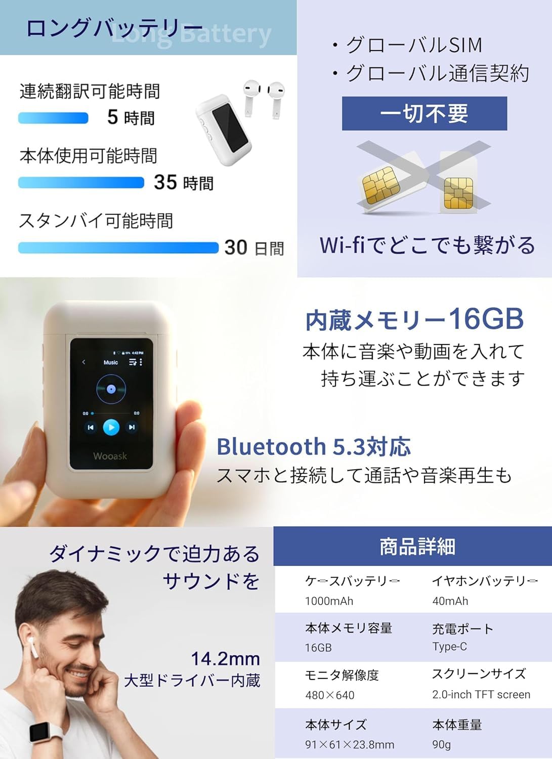 Amazon.co.jp: Wooask A8 翻訳機 通訳機 翻訳イヤホン ChatGPT 搭載
