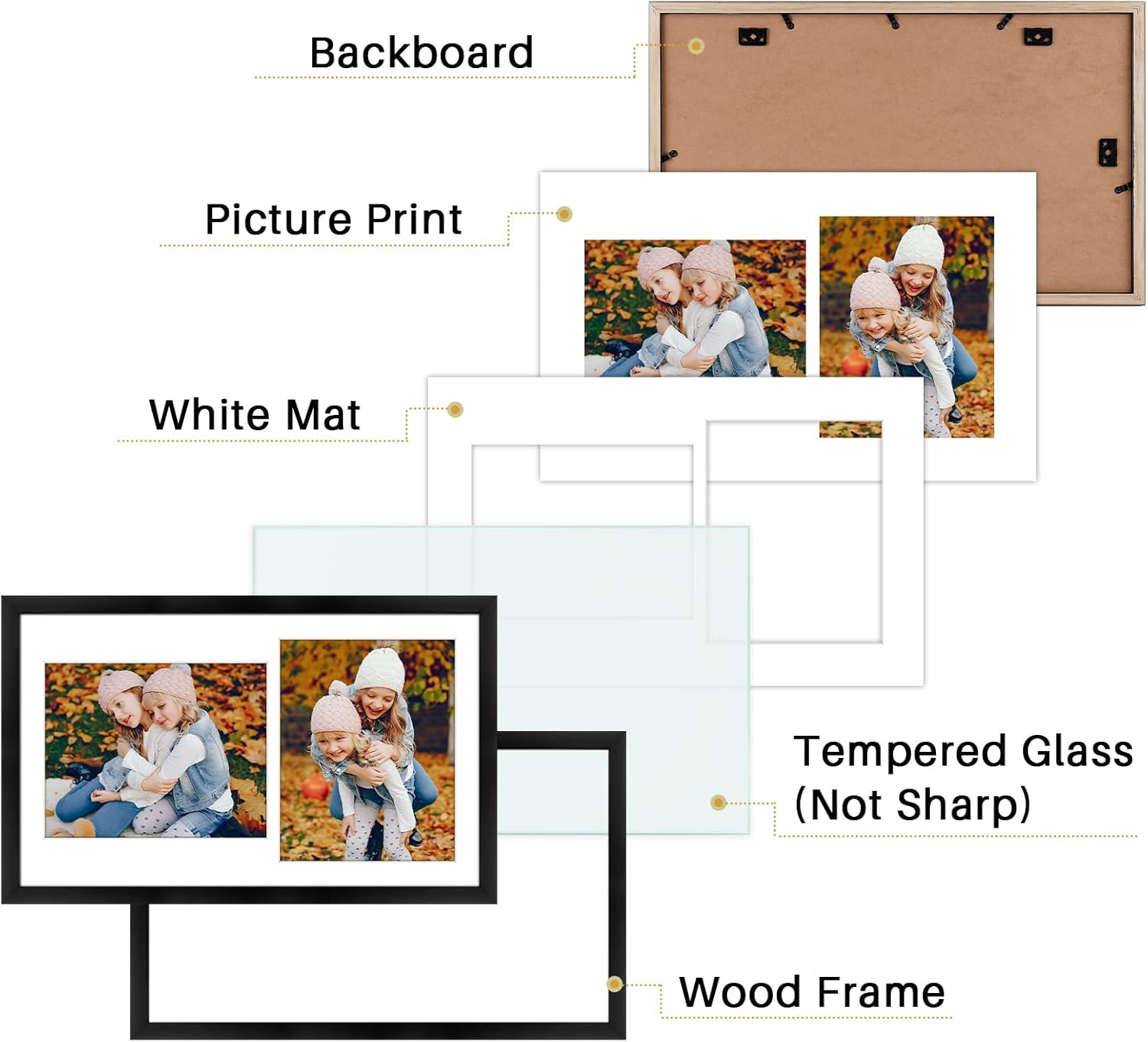 Golden State Art, 8x10 Collage Picture Frame - Solid Wood with Tempered Glass - 12x20 Multi Picture Frame - Displays (2) 8"x10" Photos or One 12"x20" Poster - Black Collage Wall Decor