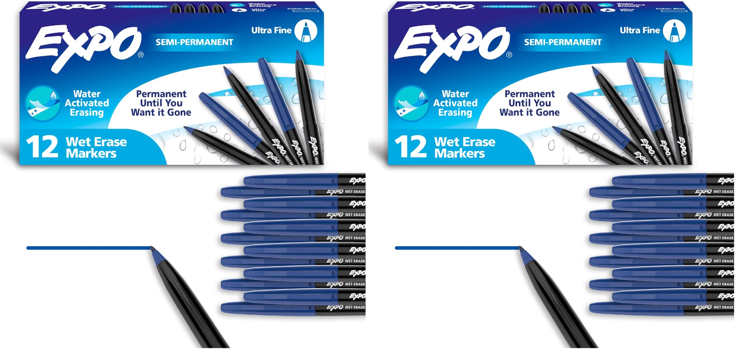 EXPO Vis-a-Vis Wet Erase Markers Fine Point Blue 12 Count Pack of 2