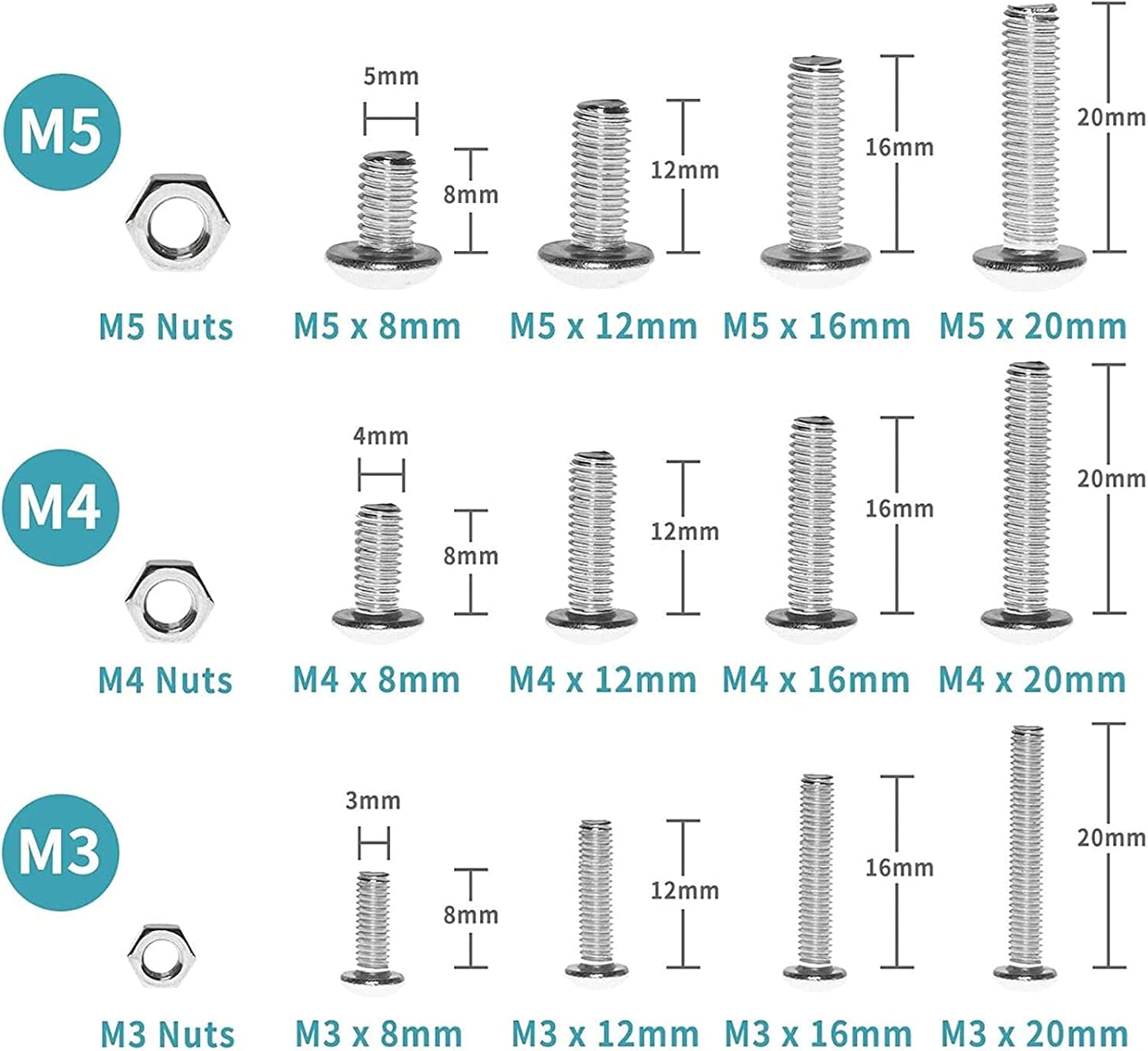 520 Pieces Nut and Bolt Set M3 M4 M5 Stainless Steel Hex Socket Button