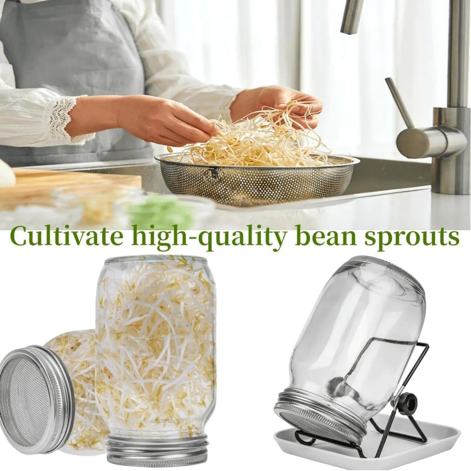 Bocal de Germination, 2 x 1000ml Germoir en Verre Bocal à Germes avec 2 Couvercle à Grille en Acier Inoxydable, 2 Support, 2 Plateau, kit de Bocal à Germes pour Brocoli Luzerne Haricots Verts