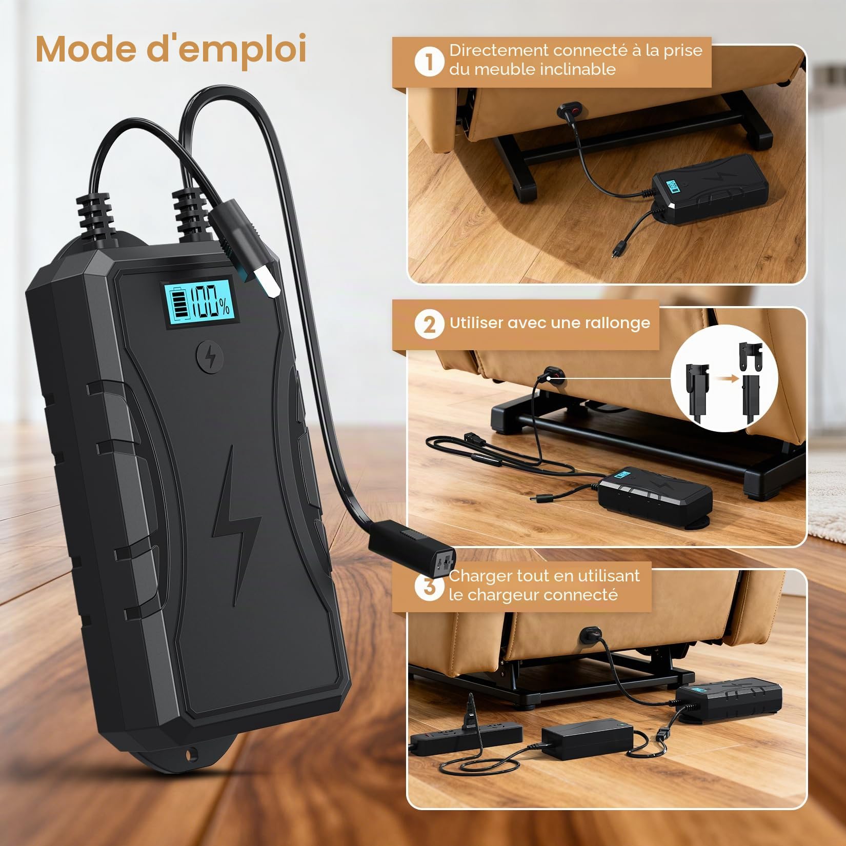 Batterie pour Meubles 2500 mAh, Chargeur Universel pour chaises Longues électriques et canapés, connecteur 2 Broches