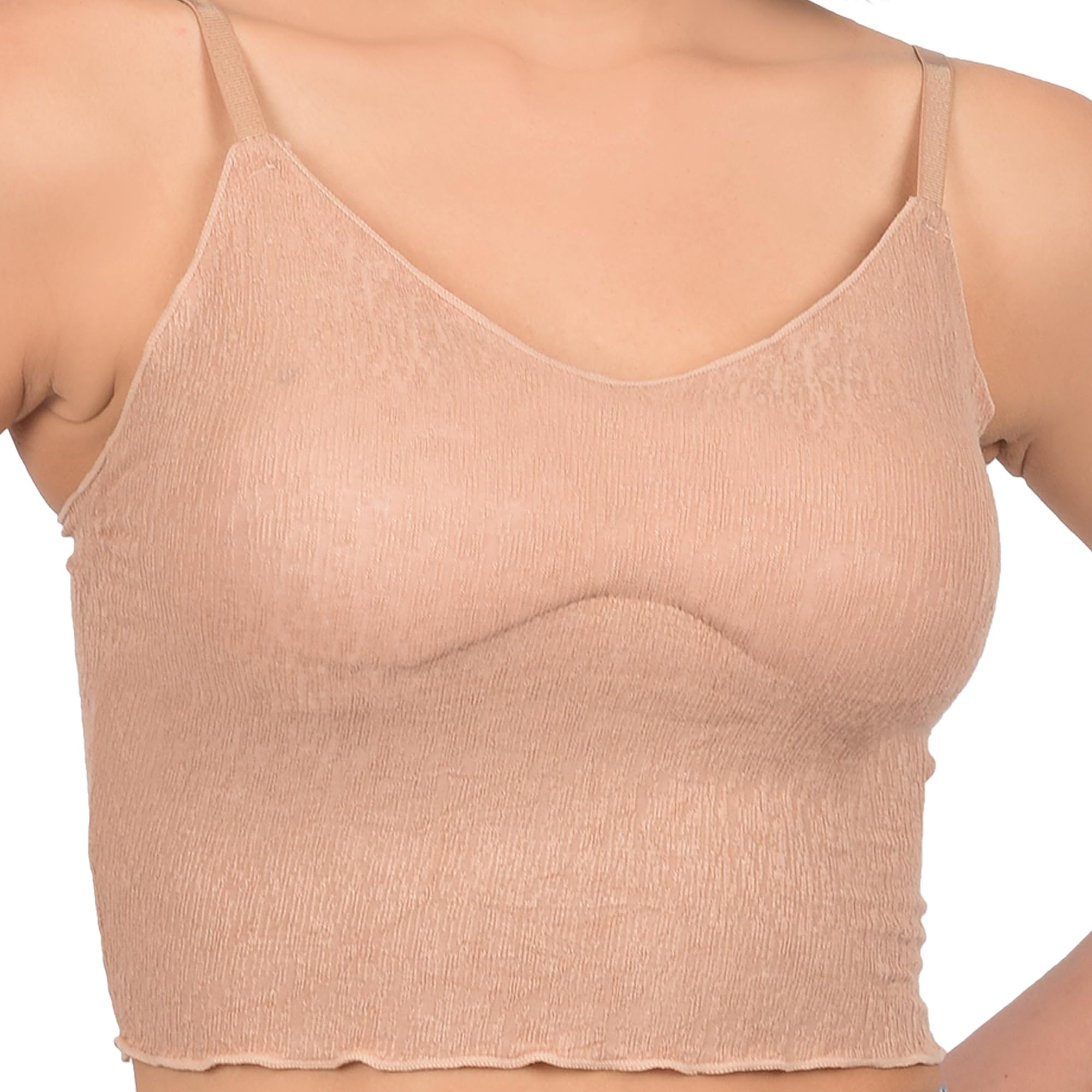 bare dezire Women's Stylish Cotton Crepe Solid Pattern Lightly Padded Wireless Halter Tank Top for Women I Casual Sleeveless Longline Wirefree Full Coverage Cami Top - Beige (Size - M) 3