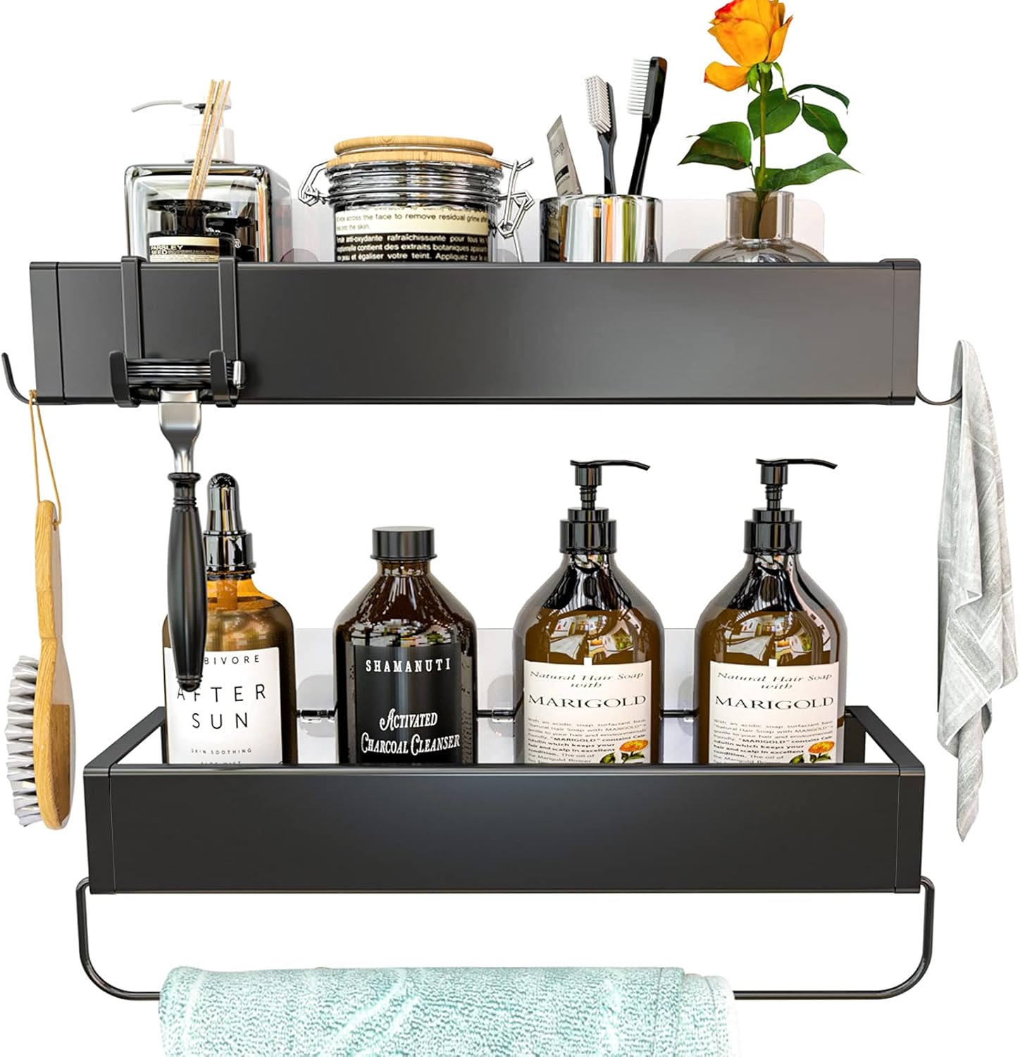 Shower Caddy Wall Mounted Stainless Steel Basket Shelf Shampoo Holder, Adhesive Shower Shelf Basket Rack Organizer, No Drilling Bathroom Shelf with Hooks, Kitchen Spice Holder-2 Pack