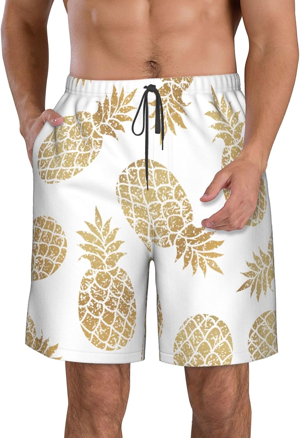 Golden Pineapple Background Print Mens Casual Shorts Drawstring Summer Beach Stretch Shorts Novelty Swimtrunks