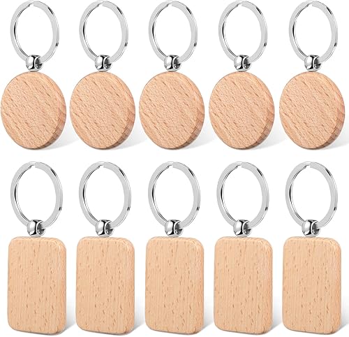 10 llaveros de madera para grabado en blanco, llavero de madera en forma de rectángulo a granel, juego de llaveros de madera para suministros de