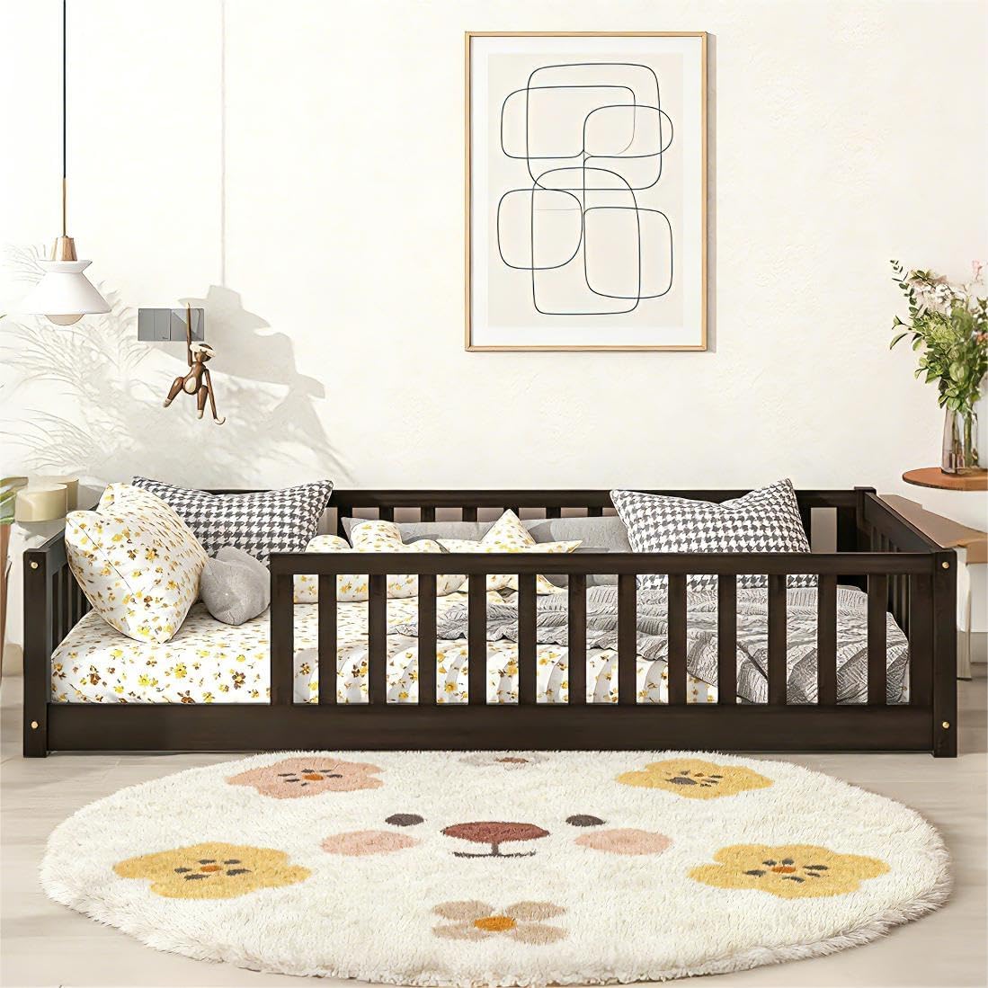 Bellemave Twin Floor Bed with Fence for Kids, Wooden Montessori Floor Bed Frame with Slats & Safety Guardrails, Low Twin Size Floor Beds for Girls Boys, No Box Spring Needed, Espresso