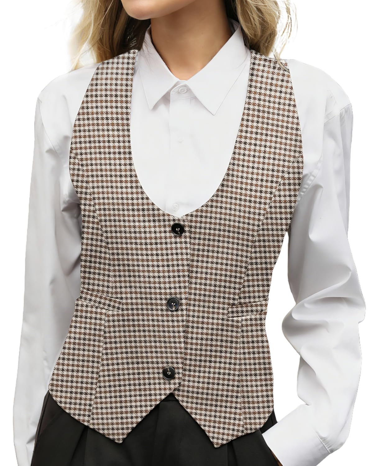ELLEVEN Women s U-Neck Plaid Vest - Slimming Fitted Sleeveless Top with Lining for Business Casual