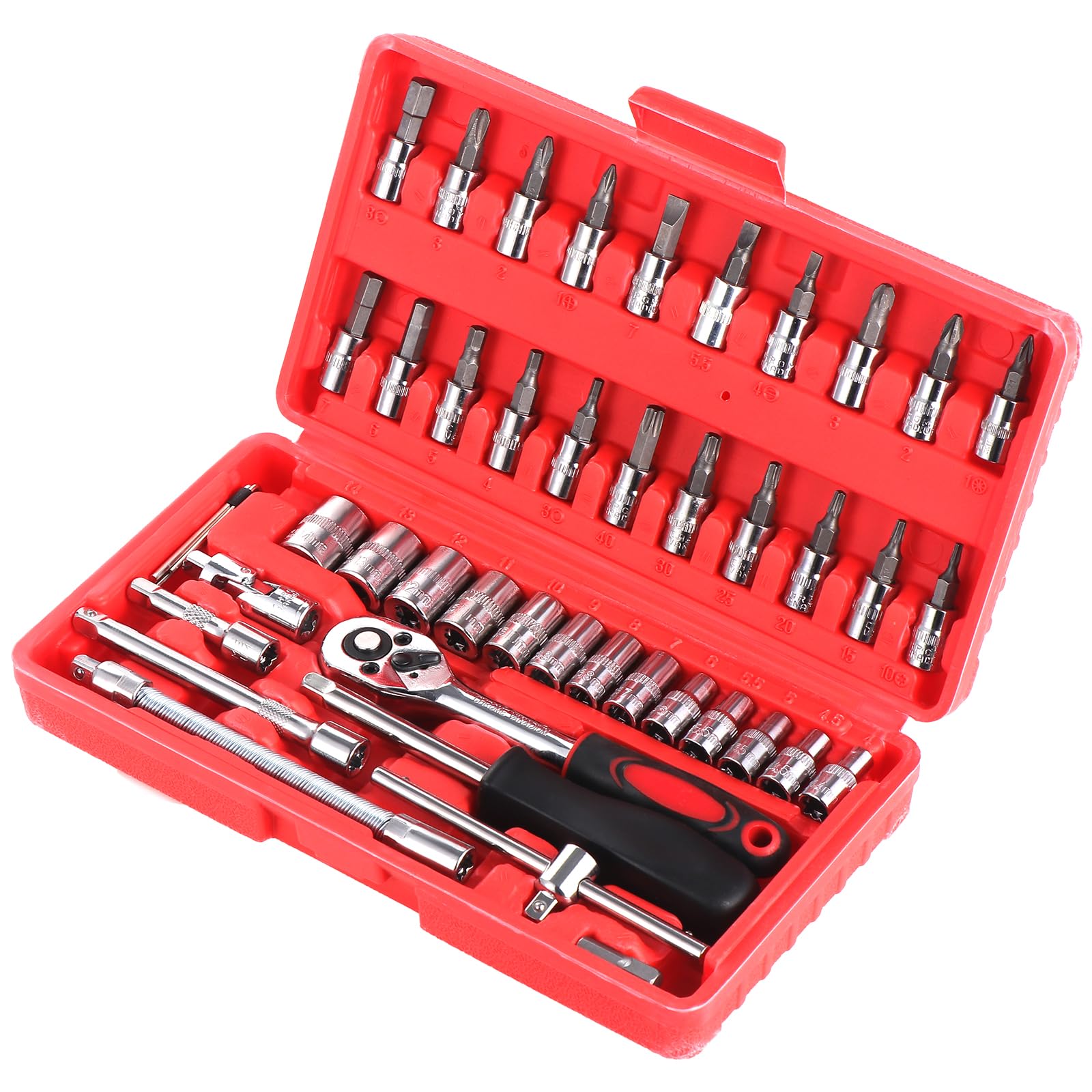 Set Chiavi A Bussola 46 Pezzi 1/4" | Metrico | Con Aste Prolunga E Punte | Per Auto E Bici