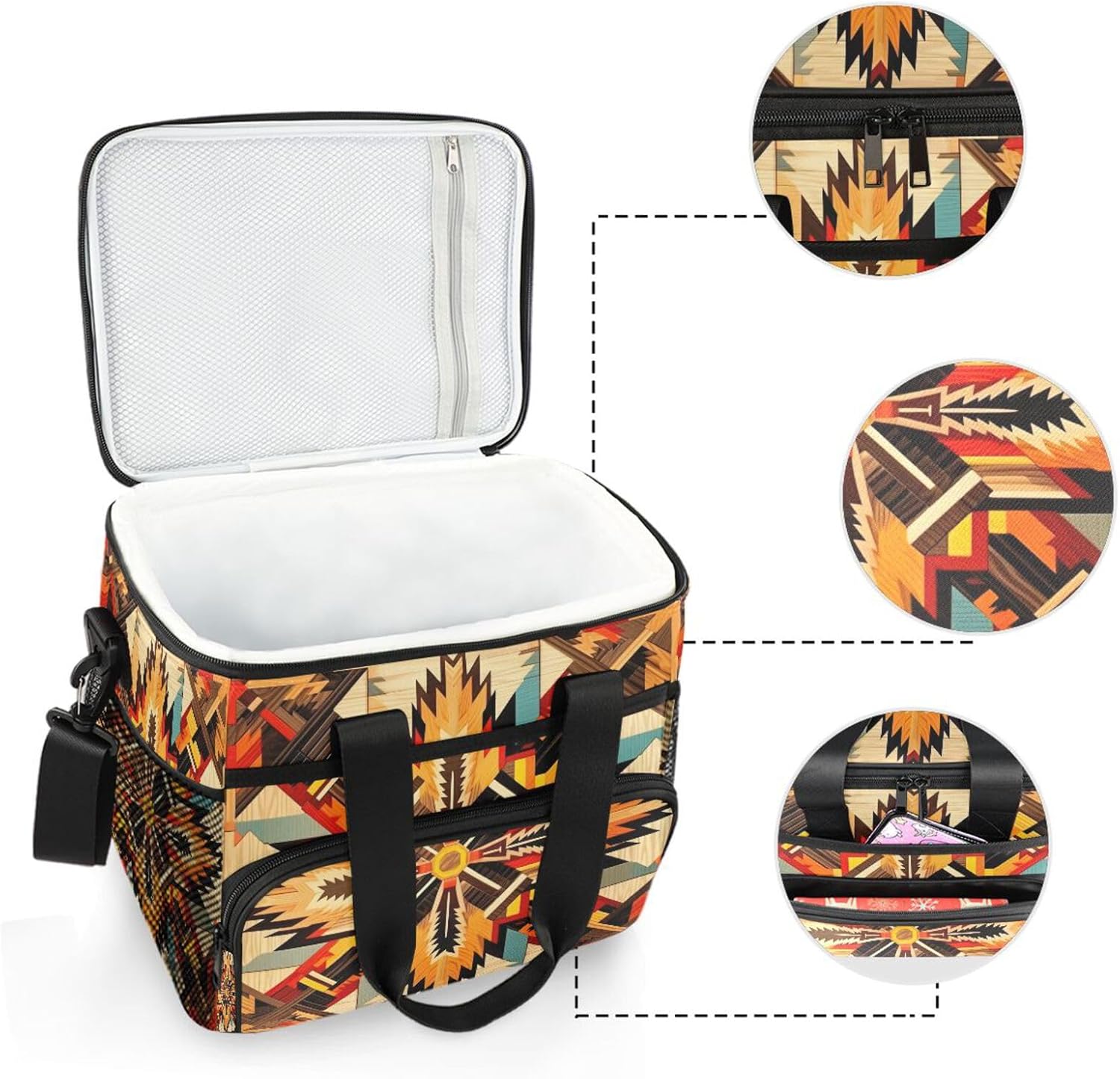 Indian Navajo Cross and Arrow Lunch Box for Men & Women, 15L Leakproof Cooler Lunch Bag Reusable Insulated Lunch Bag with Adjustable Strap for Office Work Picnic Hiking Beach