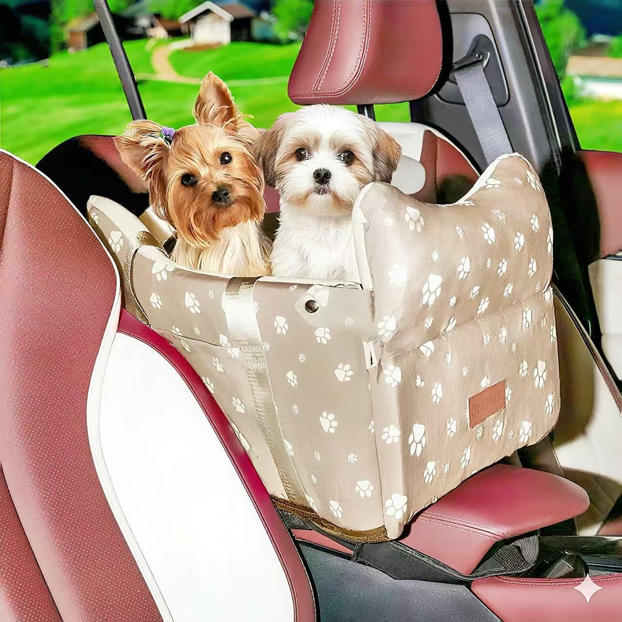 Cullaby Center Console Dog Car Seat for Medium Dogs - Portable Dogs Armrest Booster Seat, Anti-Collapse Pet Car Seat with Soft Cushion Safety Belt, Support Pet Up to 25lbs (Khaki) Khaki Wide Armrest Lid Car Seat Up to 25 lbs for Pickup or MPVs