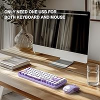 Vista 5 de FOPETT - Teclado y mouse inalámbricos, lindo mouse y teclado 2.4G con 68 teclas de colores, teclas redondas retro para PC, laptop, tableta