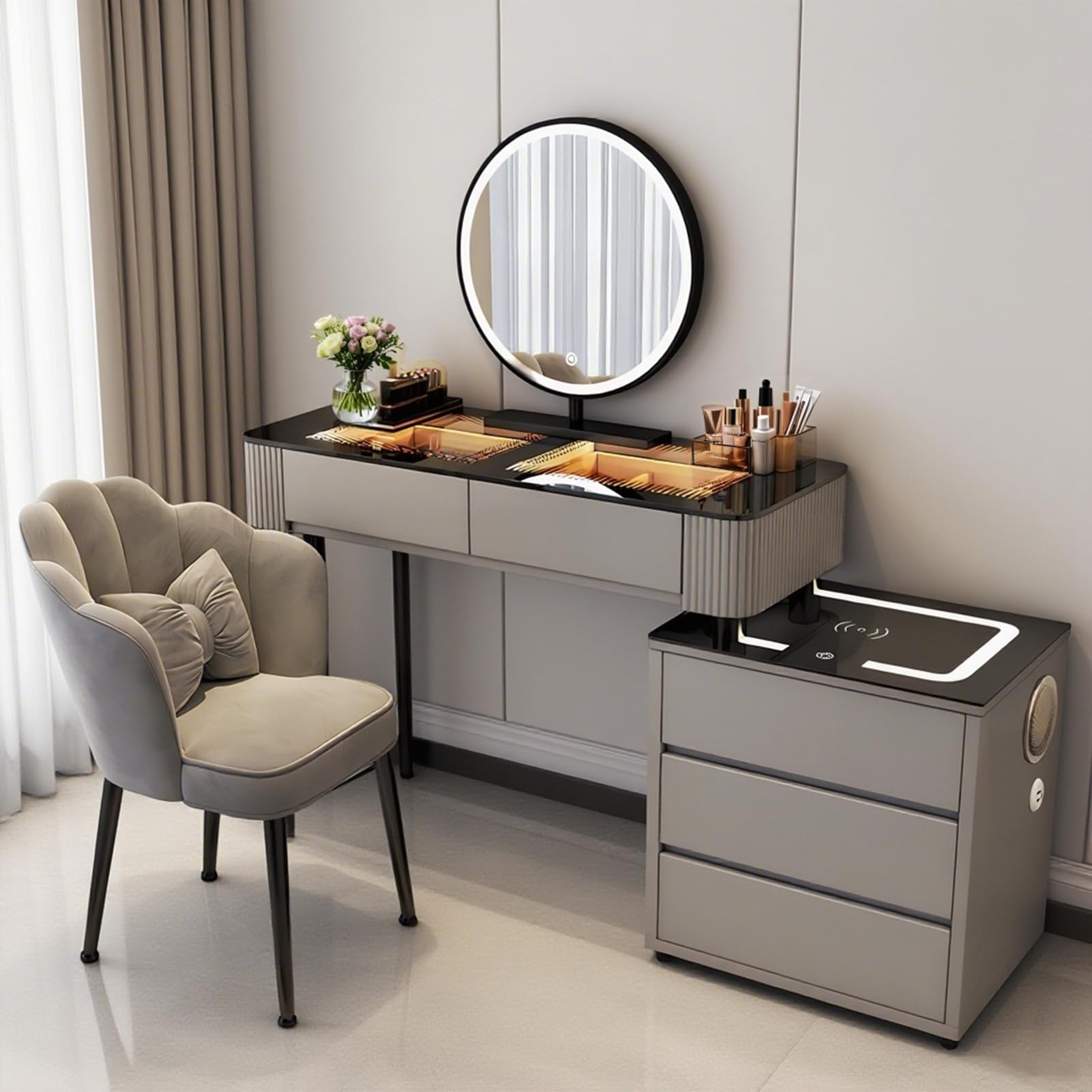 yalmond Makeup Table with Mirror and Chair, 80CM/100CM Wooden Bedroom Dressing Tables with LED Lights, Vanity Desk with Drawers Vanity Makeup Table Set with Bluetooth Speaker (Grey, 100cm)