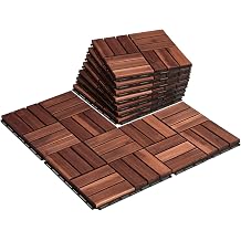 THYOI Premium Deck Tiles, Patio Flooring - Set 10 Pcs 12&rdquo;x12&rdquo;x0.9&rdquo; Interlocking Deck Tiles, Waterproof Acacia Wood for Balcony, Backyard, Indoor &amp; Outdoor (Brown, Crossed Pattern, Square Joints)