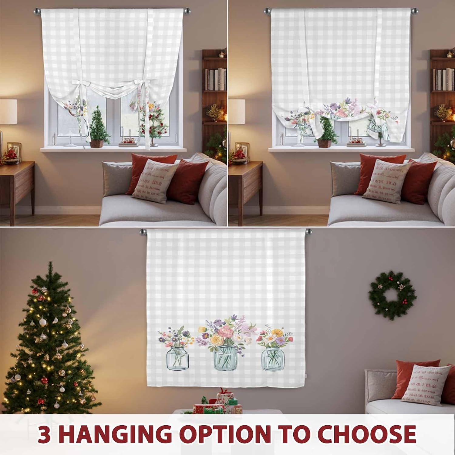 Spring Flowers Tie Up Curtains for Windows 63 Inch Length Balloon Curtains Kitchen Adjustable Balloon Window Shade Farmhouse Botanical Vine Floral Plaid Tie Up Valance Bathroom Curtain Window 52"x63"
