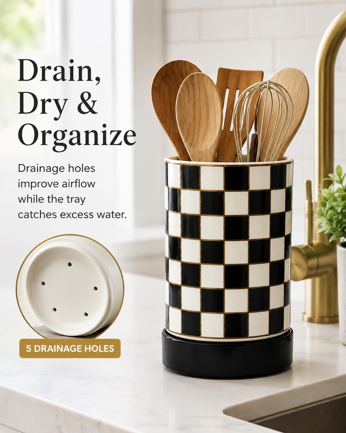 Checkered Ceramic Kitchen Utensil Holder for Countertop with Tray,Black & White Checkered Utensil Holder Set,Stylish Checkered Kitchen Decor & Organizer (Black)