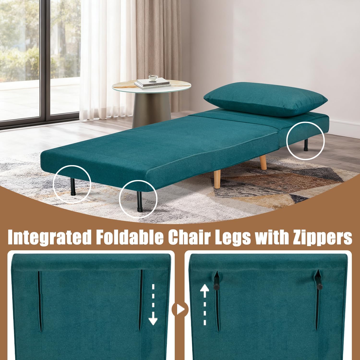 3 in 1 Sleeper Chair Bed, Foldable Convertible Chair with Thickened Cushion and Sponge, OTE Chenille Fabric, Adjustable Backrest Upholstered Accent Sofa for Apartment/Bedroom/Office - Peacock Blue