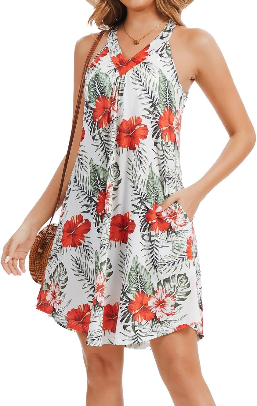 ANYFITTING Built in Bra Sundress for Women 2026 Floral Hawaiian Summer Sleevless Flowy V Neck Halter Dresses with Pocket