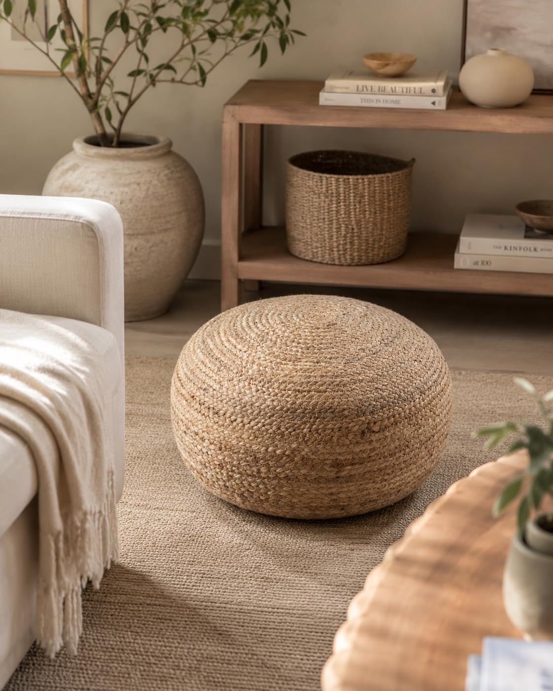 Jute Ottoman Pouffes for Sitting Handcrafted Pouf for Living Room, Bedroom, Footrest, Office, Home, Natural 50x50x25 Cm-image-10