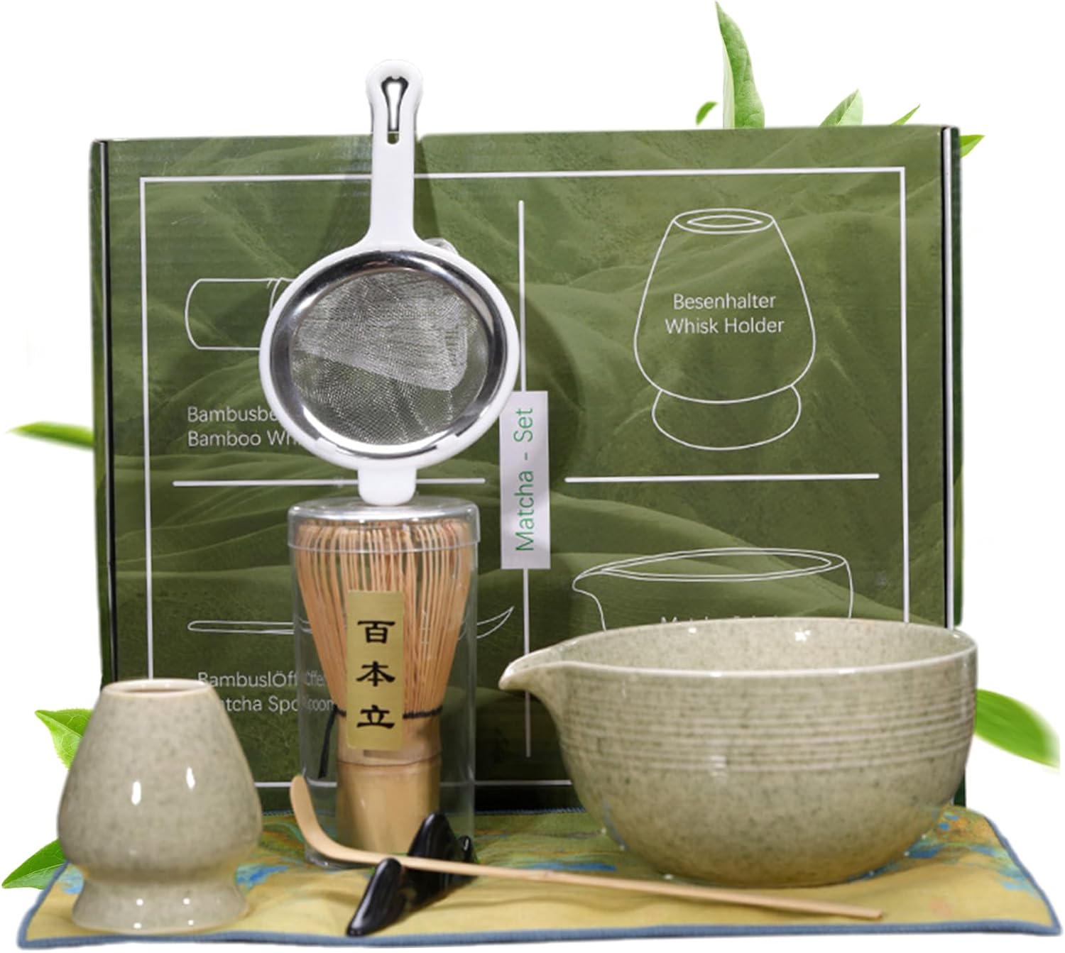 Matcha Whisk Set 7Pcs/Set Ceramic Matcha Tea Perfect Kit Tea Making Tools Includes Whisk, Spoon, Holder, Bowl, Sifter, Cloth, Spoon Holder.