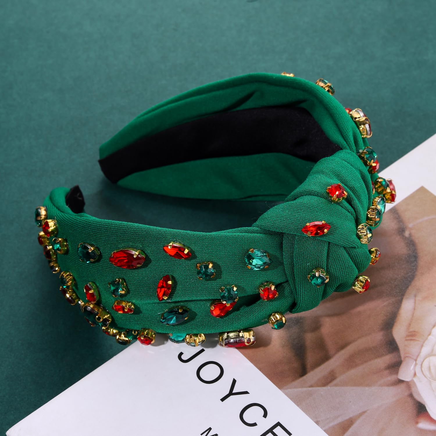 Green Satin Padded Headband with Rhinestone Accents Padded Satin Headband - Richard Designs main image 3