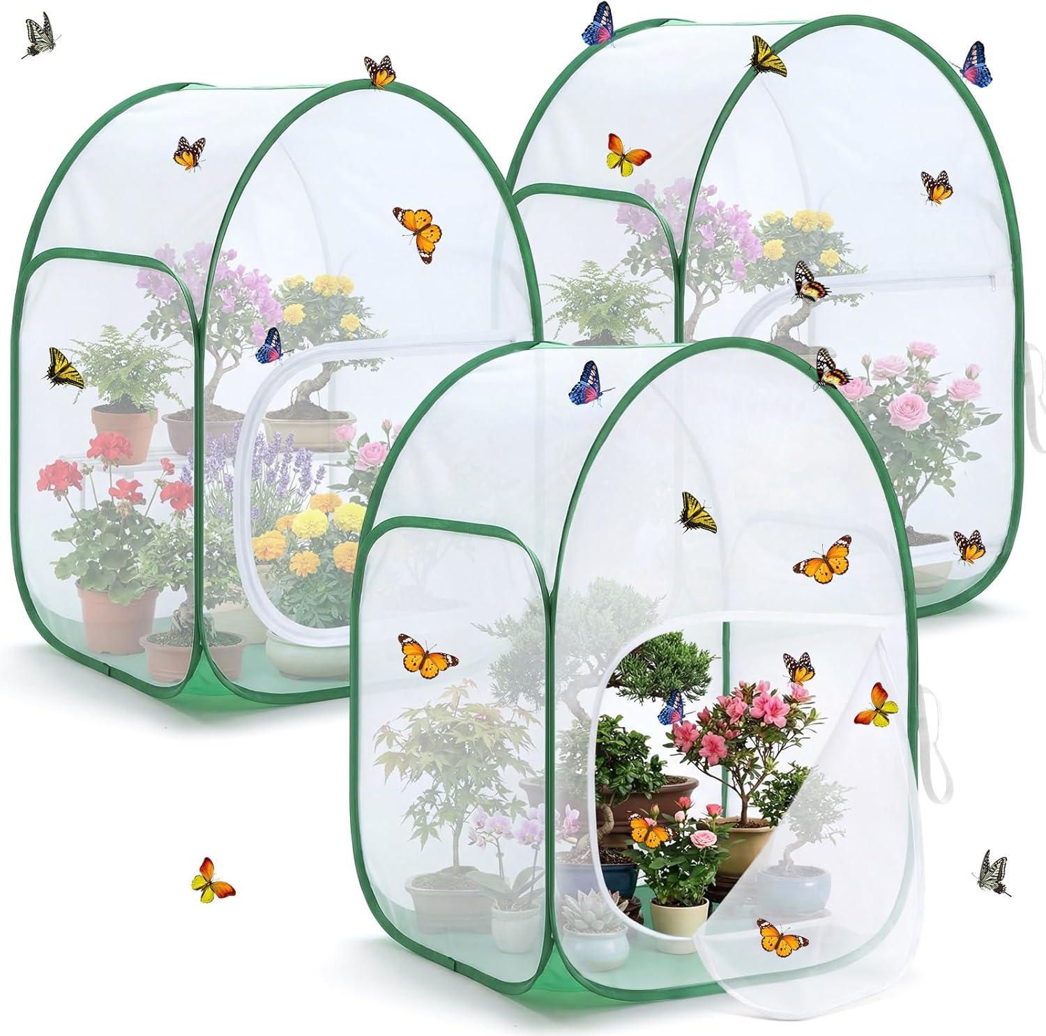 3 Pack 36" Large Monarch Butterfly Habitat Giant Collapsible Insect and Butterfly Mesh Habitat Cage Pop-up Caterpillar Growing Mesh Cage Terrarium, Side Door Design, Transparent Window Panel