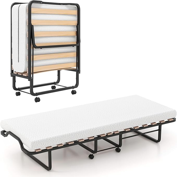 RELAX4LIFE Folding Bed with 10cm Memory Foam Mattress, Portable Metal