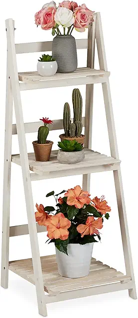 Shabby-Chic White Foldable Plant Stand, 3-Tier Pedestal Rack for Indoor & Balcony