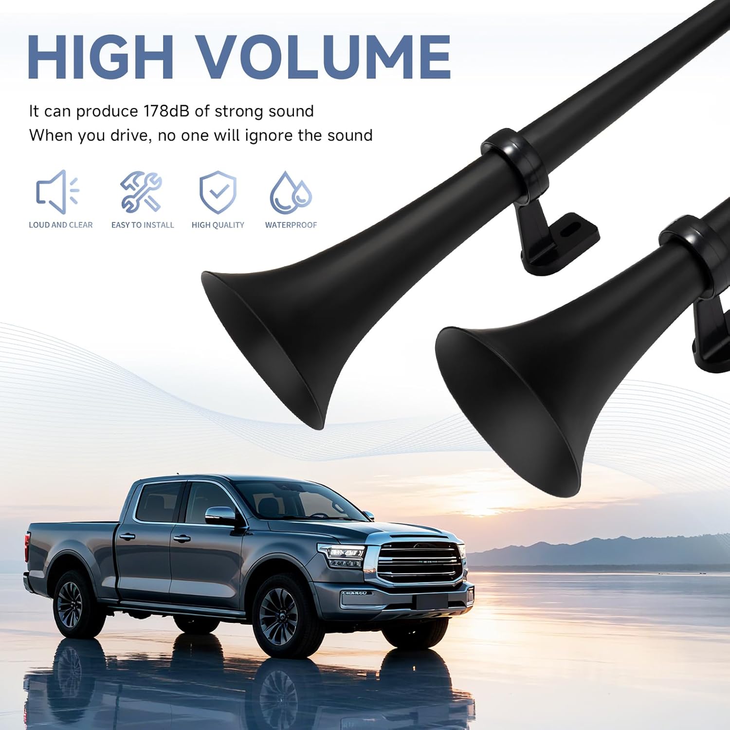 farbin dual trumpet air horn, 12v train horn for truck with 2 air compressors,178db loud horns for any 12v vehicles trucks pickups suv lorrys boats (black integrated trumpet with button)