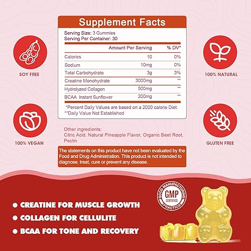 Miniatura 8 de Paquete de 2 gomitas de creatina monohidrato, suplementos de creatina masticables sin azúcar para hombres y mujeres, ganancias de gomita de creatina