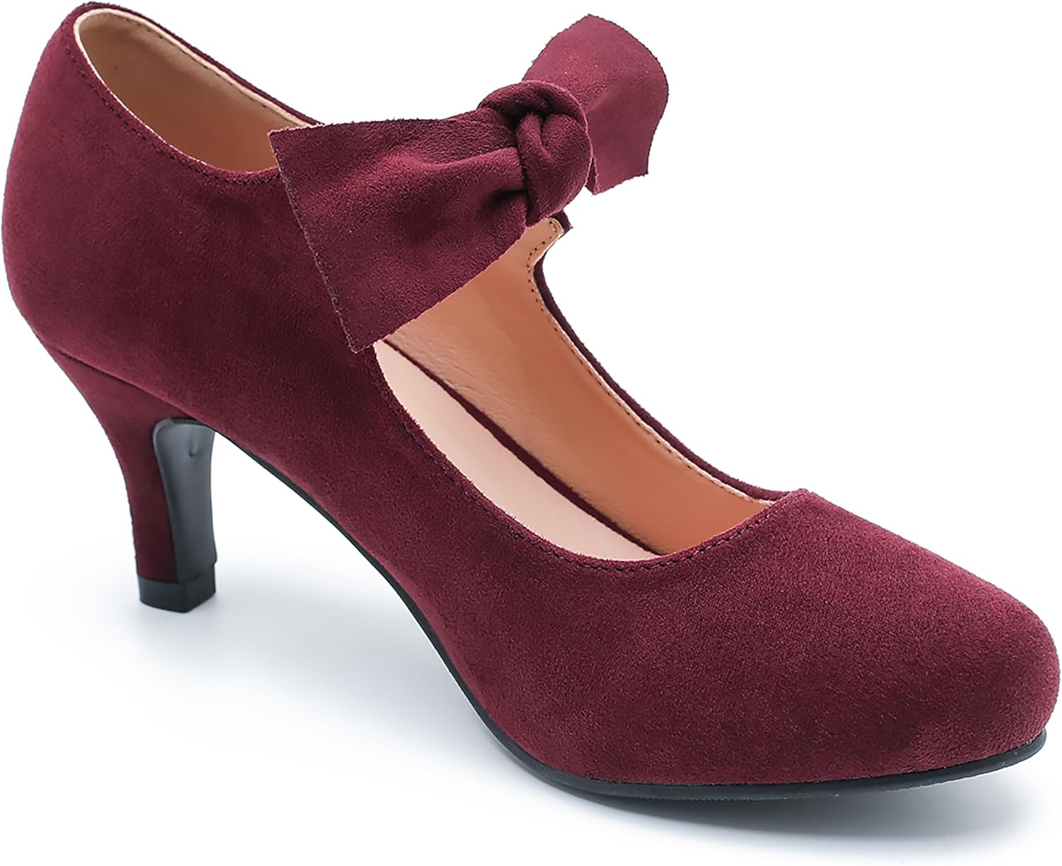 Women's Cute Bow Heels Mary Jane Kitten Heel Pumps Closed Round Toe Low Heels Ankle Strap Wedding Evening Party Dress Office Work Church Shoes