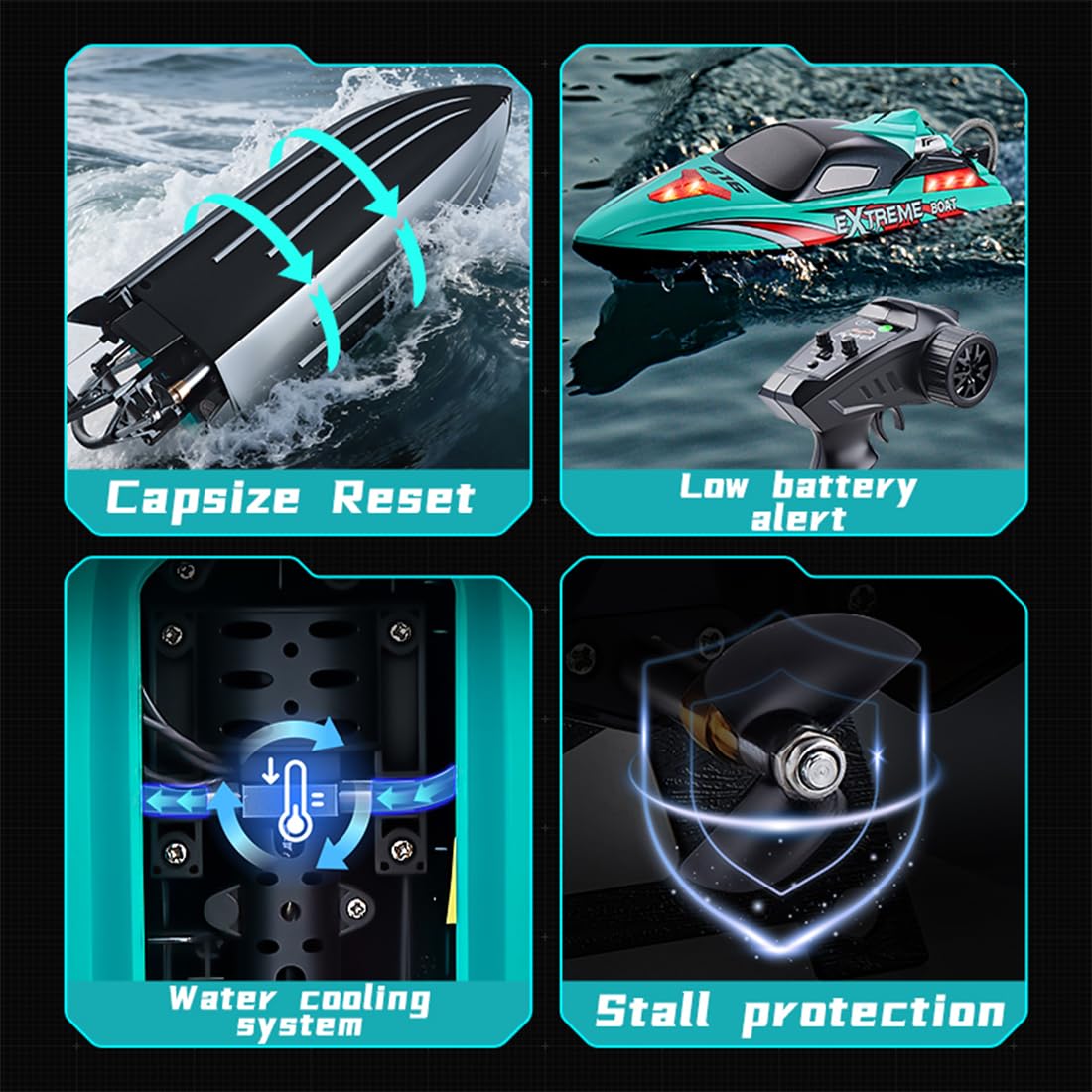 Ferngesteuertes Boot mit LED-Licht, 55KM/H Bürstenloser schneller RC Speedboot mit doppelt wasserdichtem Design, EIN-Tasten-Kenterungsrettung und Alarm bei niedrigem Batteriestand