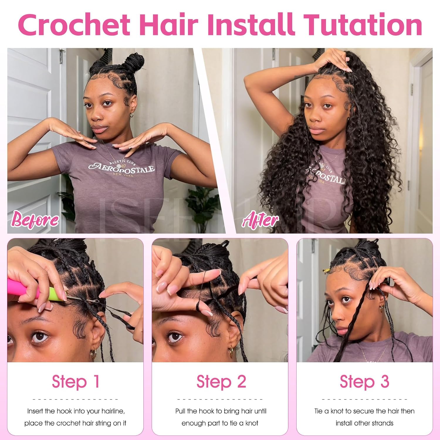 ISEE Human Crochet Hair for Black Women 24 Inch Deep Wave Bundles Human Hair Pre-separated 2 Packs 100g Invisible Miracle Knots Feather Crochet Human Hair Extensions Natural Black