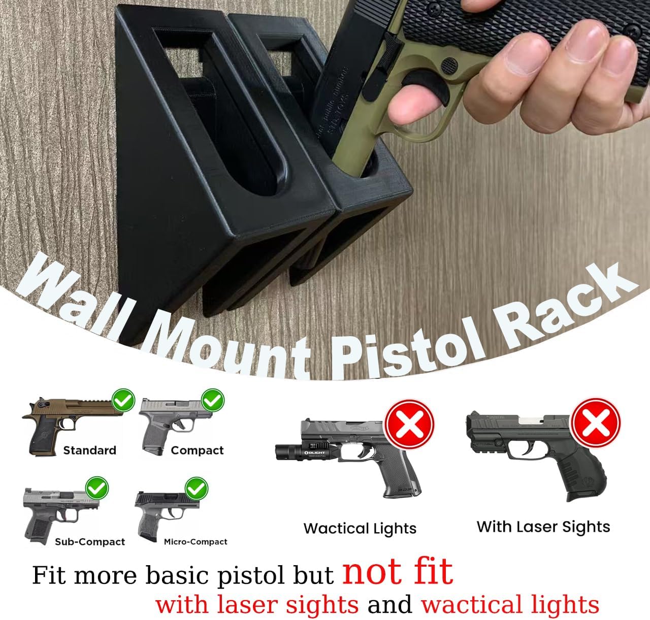 Wall Mount Pistol Rack, 6 Handgun Holder for Gun Cabinet Storage, Pistol Holder for Wall, Shelf, Gun Safe Pistol Holder fits Most Handgun (2pcs) Black - 6 Gun (2pcs)